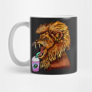 Thirsty Lion - cute funny roaring lion having an iced coffee drink. The conquering lion Mug